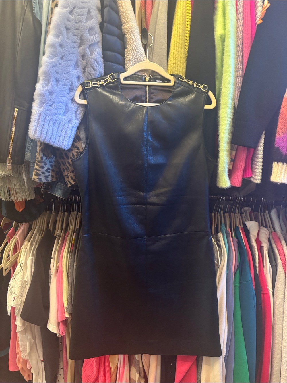Generation Love Black Faux Leather Sleeveless Shift Dress with Chain Detail